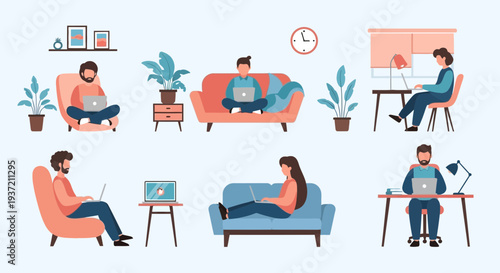 People Relaxing at Home Illustration – Cozy Living Room Lifestyle and Leisure Activities