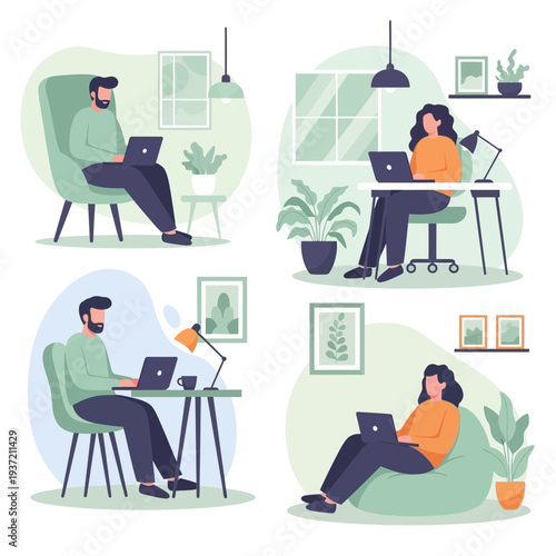 People Relaxing at Home Illustration – Cozy Living Room Lifestyle and Leisure Activities