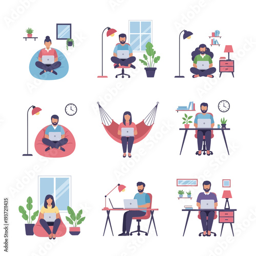 People Relaxing at Home Illustration – Cozy Living Room Lifestyle and Leisure Activities