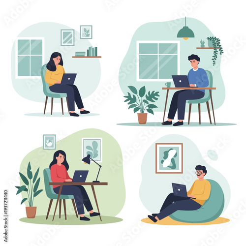 People Relaxing at Home Illustration – Cozy Living Room Lifestyle and Leisure Activities