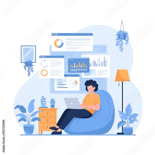 Online Business Meeting Illustration – Remote Team Video Conference and Collaboration Concept