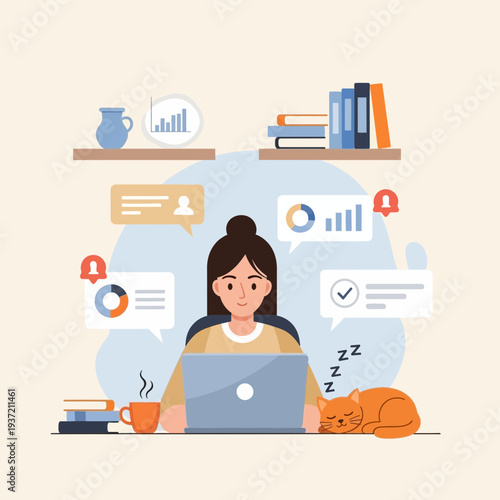 Woman Working from Home Illustration – Remote Work Productivity and Online Communication Concept
