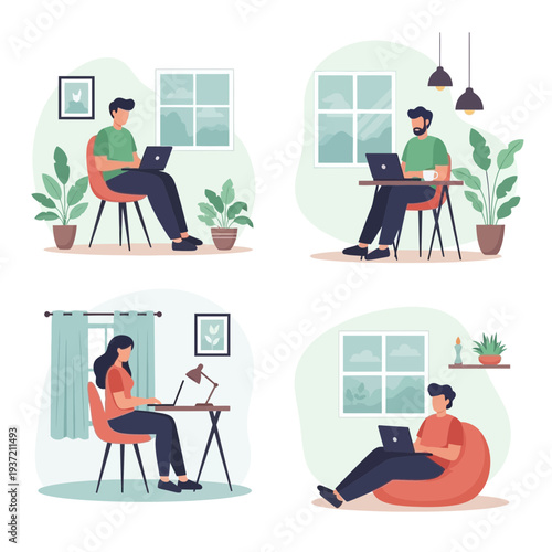People Relaxing at Home Illustration – Cozy Living Room Lifestyle and Leisure Activities