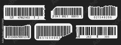 Barcode ean torn with paper label sticker for phone scan y2k. Code grunge old with png cut isbn for mobile product vintage. Vector graphic barcode with bar paper cardboard for label geometric price.
