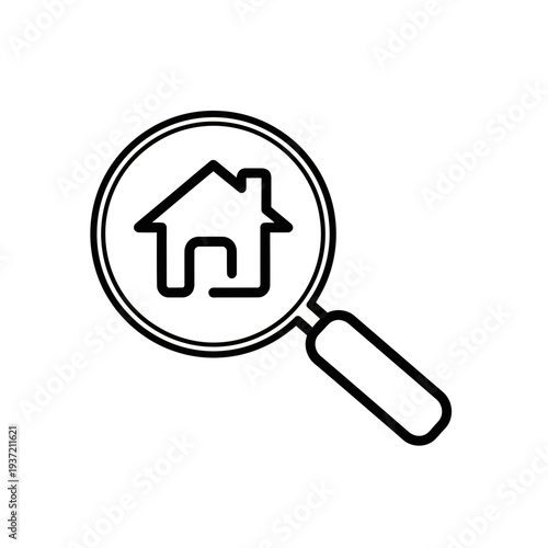 Magnifying glass over house icon, searching for home, real estate concept, simple line art
