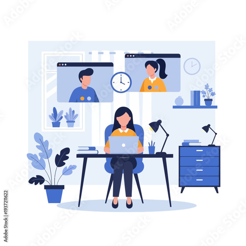 Online Business Meeting Illustration – Remote Team Video Conference and Collaboration Concept