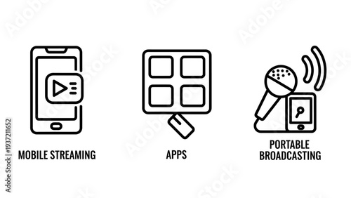 Mobile streaming, app management, and portable broadcasting icons representing digital content creation and modern media distribution