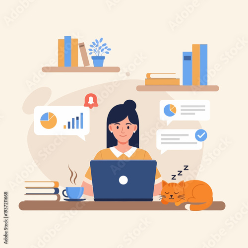 Woman Working from Home Illustration – Remote Work Productivity and Online Communication Concept