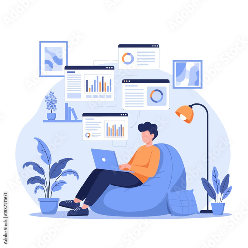 Online Business Meeting Illustration – Remote Team Video Conference and Collaboration Concept