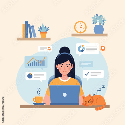 Woman Working from Home Illustration – Remote Work Productivity and Online Communication Concept