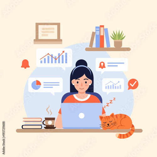 Woman Working from Home Illustration – Remote Work Productivity and Online Communication Concept
