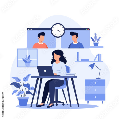 Online Business Meeting Illustration – Remote Team Video Conference and Collaboration Concept