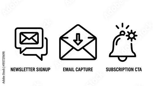 Icons for newsletter signup, email capture, and subscription calls to action, representing digital marketing, lead generation, and user engagement