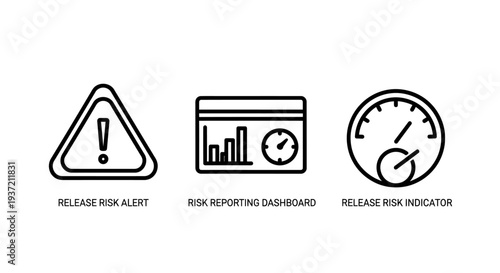 Icons for risk management: alert symbol, dashboard with charts, and gauge indicator, representing danger, reporting, and assessment.
