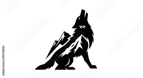 Silhouette of wolf howling with mountain