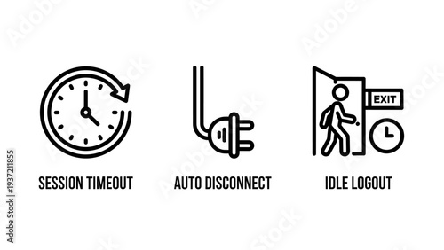 Session Timeout, Auto Disconnect, and Idle Logout Icons for Security and User Session Management