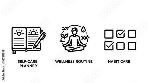 Self-Care Planner, Wellness Routine, and Habit Tracking Icons for Healthy Lifestyle and Personal Growth