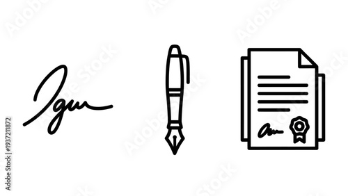 Signature, Fountain Pen, and Document Icons Symbolizing Agreement, Contract, and Legal Documentation