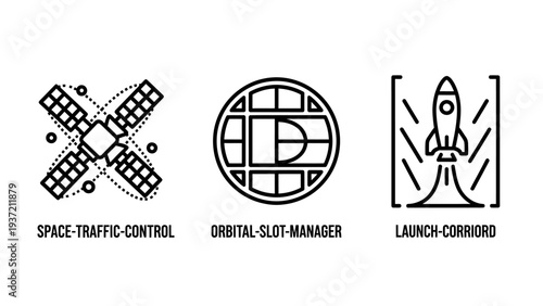 Space Traffic Control, Orbital Slot Management, and Launch Corridor Icons for Aerospace Operations