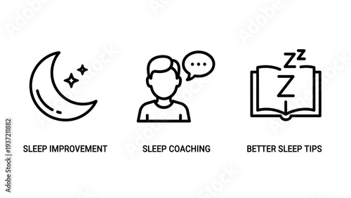 Sleep Improvement, Coaching, and Tips Icons for Better Rest, Sleep Health, and Nighttime Wellness
