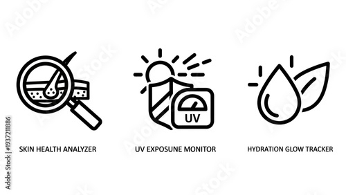 Skin Health Analyzer, UV Exposure Monitor, and Hydration Glow Tracker Icons for Skincare and Dermatology