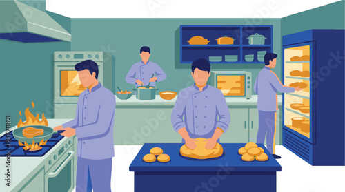 Professional chefs busy cooking, baking, and preparing food in a kitchen