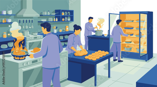 Chefs cooking and baking in a busy professional kitchen preparing food