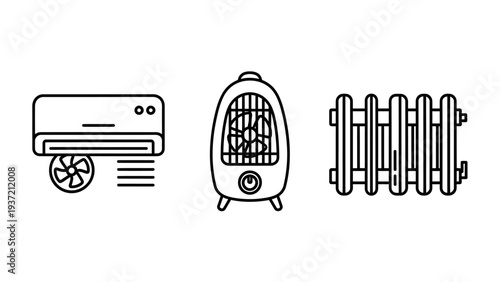 Home climate control icons: air conditioner unit, portable electric heater, and radiator for heating and cooling.