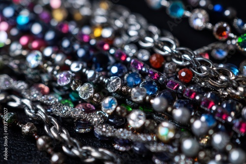 Close-up of beaded necklaces with shimmering colors.