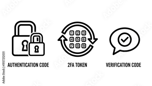 Security icons for authentication, two-factor verification (2FA), and code confirmation for secure online access.