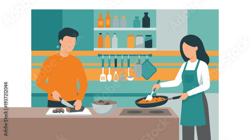 Couple cooking healthy meal together in a modern kitchen