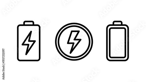 Icons representing battery power levels and charging status: full, empty, and charging battery symbols.