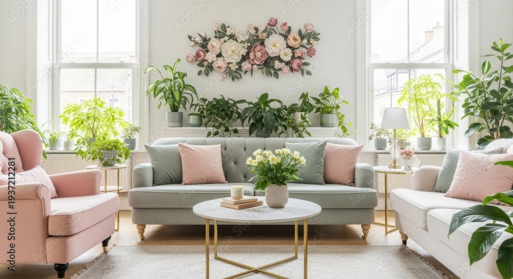 Fototapeta premium Serene Living Room: A light-filled living room exudes tranquility, adorned with elegant pastel furnishings, lush greenery, and natural light, creating a haven of calm and sophistication.