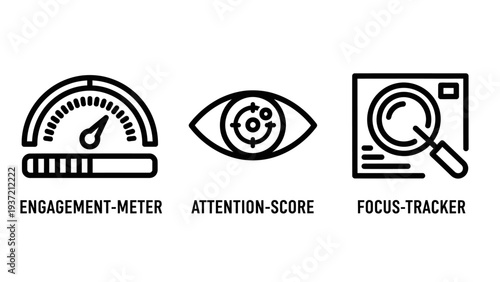 Icons symbolizing engagement meter, attention score, and focus tracker. Metrics for measuring user interaction and concentration in digital marketing.