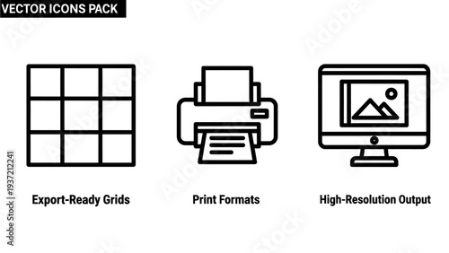 Vector icons pack for export-ready grids, print formats, and high-resolution output. Graphic design tools for digital and print production.