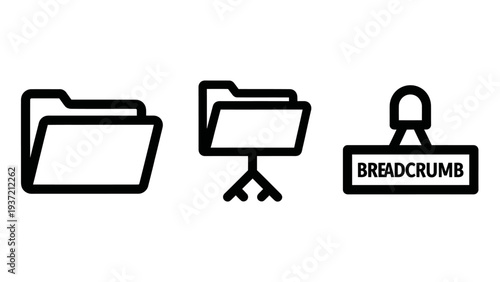 Icons for folder, file management, and breadcrumb navigation. Concepts for digital organization, user interface, and file system structure.