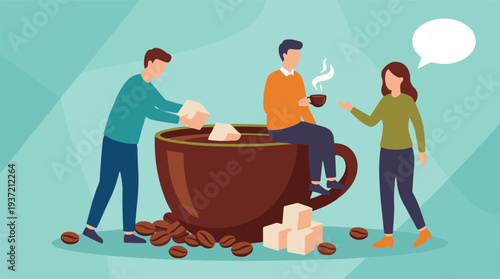 Friends enjoying coffee and conversation with a giant cup and sugar cubes