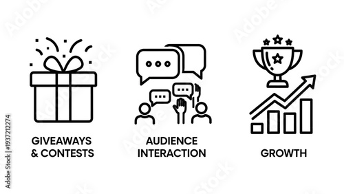 Set of icons representing business concepts: giveaways, audience interaction, and growth. Clean line art for digital presentations and marketing.
