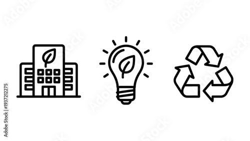 Eco-friendly icons: building with leaf symbol, lightbulb with leaf, and recycling symbol. Green energy and sustainability concept in line art.