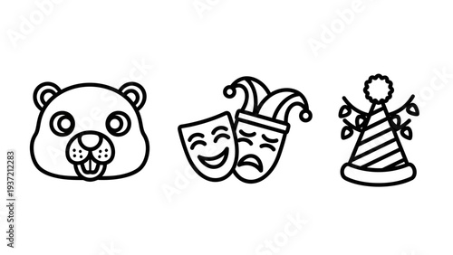 Set of icons for entertainment and holidays: cute groundhog face, theater masks (comedy and tragedy), and party hat with lights. Fun line art.