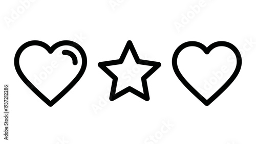 Simple icons of a heart, star, and another heart. Represents love, favorites, ratings, and positive feedback. Clean outline graphic.