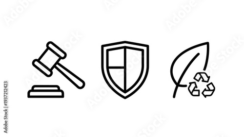 Icons representing law and order, security, and environmental protection including a gavel, shield, and recycling leaf.