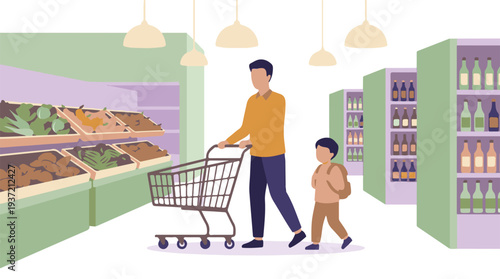 Father and son grocery shopping in a supermarket, pushing a cart