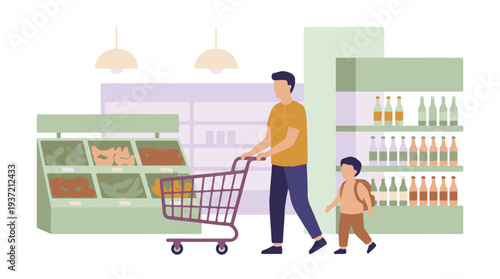 Father and son shopping for groceries in a supermarket