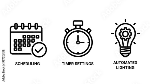 Time management and automation icons: calendar with checkmark, stopwatch timer, and lightbulb with gears. Vector illustration.