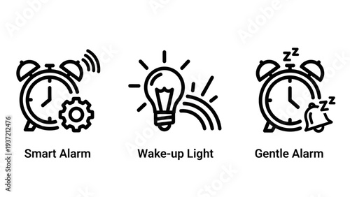 Alarm clock icons: smart alarm with gear, wake-up lightbulb with rainbow, and gentle alarm with sleeping symbol. Vector illustration.