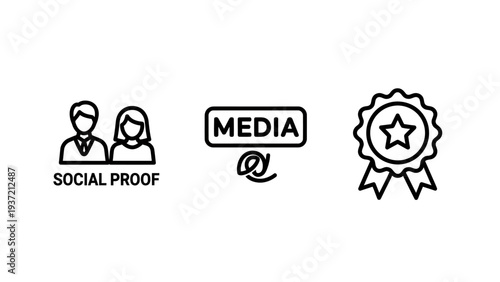 Business icons: couple with 'social proof' text, media logo, and award badge. Vector illustration.