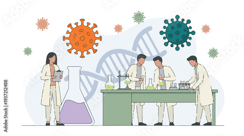 Medical researchers in a lab investigating viruses and genetic material