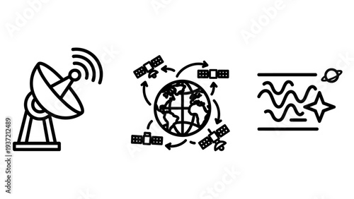 Space and communication icons: satellite dish, satellites orbiting Earth, and cosmic waves with star. Vector illustration.