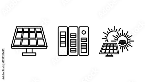 Solar energy icons: solar panel, stack of binders, and solar panel with sun rays. Vector illustration.